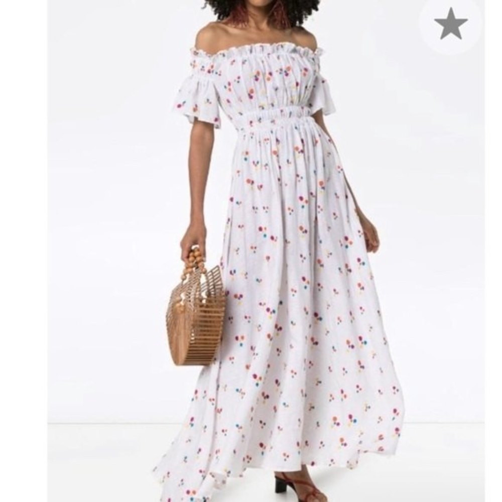 ALL THINGS MOCHI Off Shoulder Maxi Dress Vacation Summer Polka Dot Medium Beach